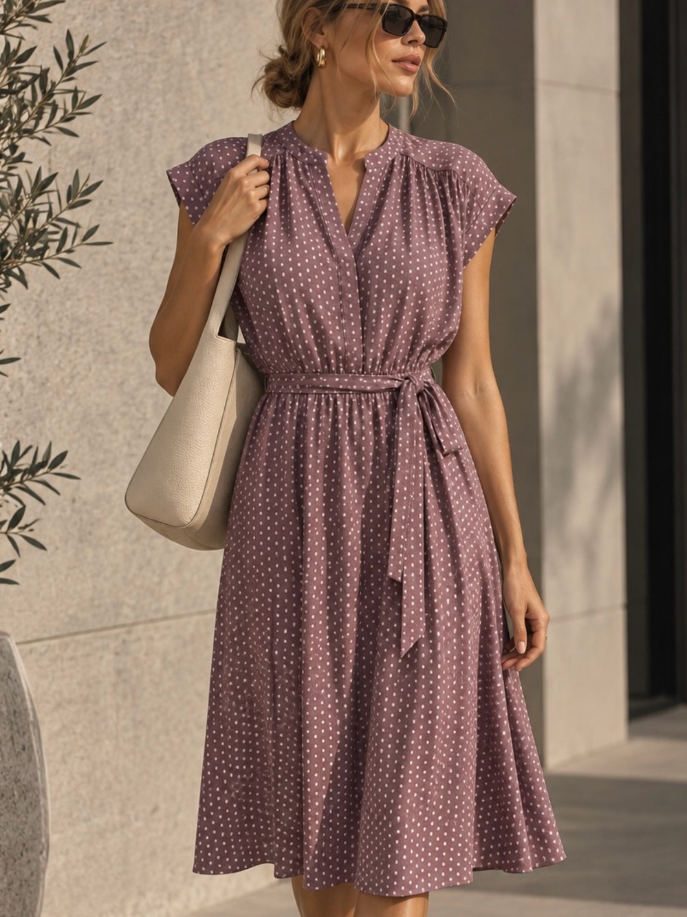 Monteau Mauve Geometric Print Belted Midi Dress Size L